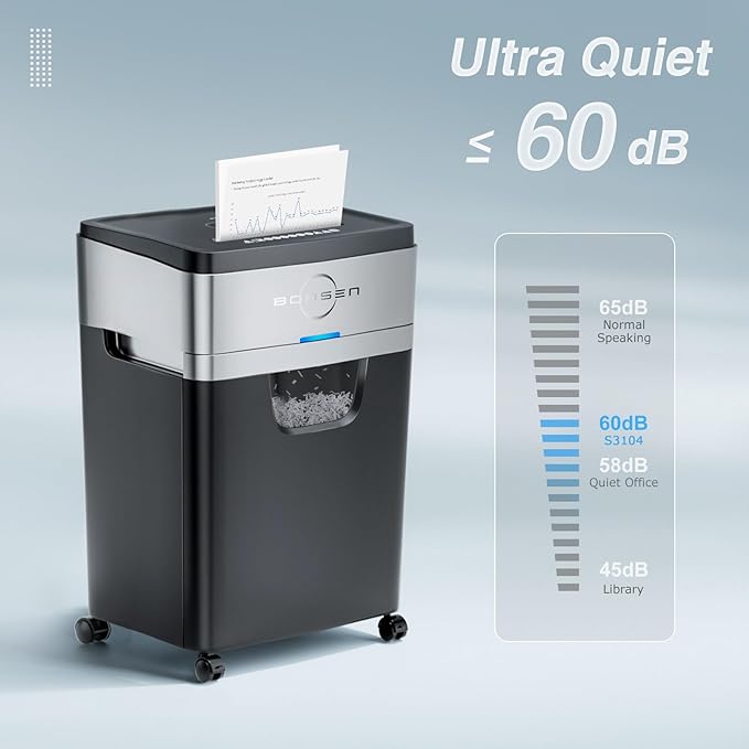 BONSEN Paper Shredder, 20-Sheet 60 Mins Nonstop Heavy Duty Paper Shredder for Office, 60dB Ultra Quiet Cross-Cut Shredder with 6.6 Gals Basket, Anti-Jam CD and Credit Shredder for Home Office (S3104)