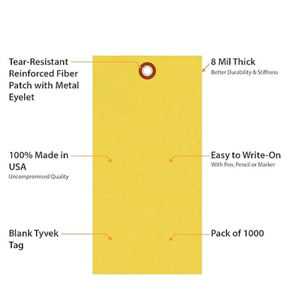 SmartSign (Pack of 1000) 6.25 x 3.125 inch “Yellow” Blank Tyvek Shipping Tags with Metal Eyelets, Size #8, 8 mil Thick Tyvek, Made in USA