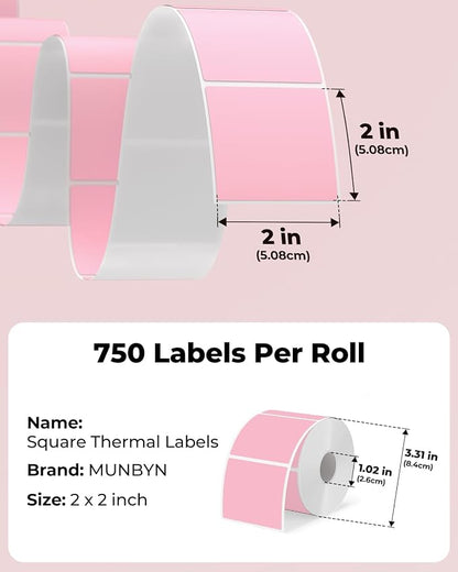 MUNBYN 2x2 Thermal Labels, 750 Sheets/Roll, Pink | Strong Adhesive & Perforated, Non BPA&BPS for Small Business, Barcode, Bakery, Shipping