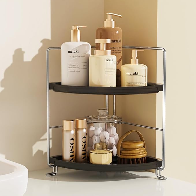 JANUS LiANG 2-Tier Bathroom Organizer Countertop Corner - Makeup Organizer Cosmetic Perfume Holder Bedroom Storage Shelf or Kitchen Spice Rack (Chrome + Black)