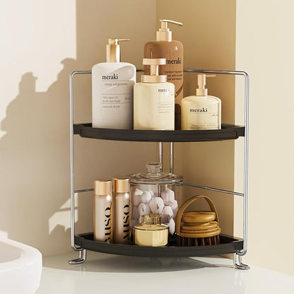 JANUS LiANG 2-Tier Bathroom Organizer Countertop Corner - Makeup Organizer Cosmetic Perfume Holder Bedroom Storage Shelf or Kitchen Spice Rack (Chrome + Black)