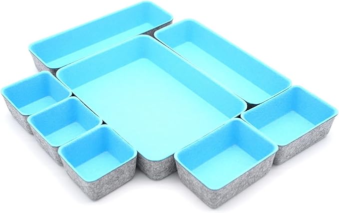 Welaxy Drawer organizers bins dividers storage trays shallow organizing box for office supplies makeup nightstand catchall key holder cozy room decor 8-piece (Baby blue)