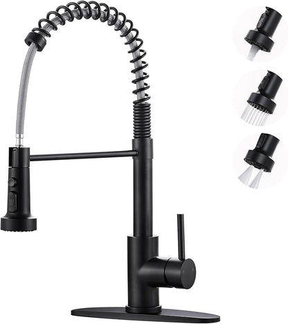 Kitchen Faucets with Pull Down Sprayer: Matte Black 3-Function Kitchen Sink Faucets for 1 or 3 Hole - Stainless Steel Single Handle Spring Kitchen Faucets with Deck Plate for Farmhouse RV Laundry