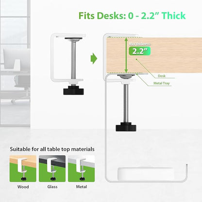 KEEGH 16'' Under Desk Cable Management Tray, Drill Free Clamp/Screws Mount, Sturdy Metal Cable Tray for Place Power Strip, Cord Management Tray Rack, Home, Office, White