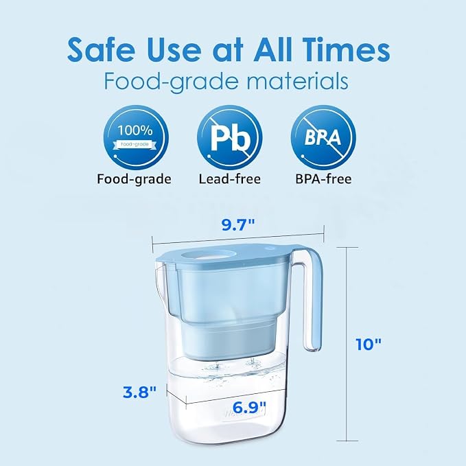 Waterdrop PT-05B Water Filter Pitcher with 3 Filters, 7-Cup Capacity, NSF Certified, 5X Longer Filter Life, Up to 600 Gallons, Fridge-Friendly Design, Reduces PFOA/PFOS and Chlorine, Blue | 5X Longer Filter Life, Up to 600 Gallons, Fridge-Friendly Desi...