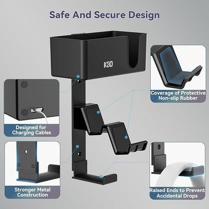 KDD 4-in-1 Wall Mount Controller Holder - Dual Game Controller and Headphone Hanger with Anti-Slip Pads for Xbox ONE/X Series/PS5/PS4 - Detachable Desk Storage for Media Remote, Phone and Speaker