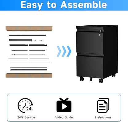 HOMOFFICE 2 Drawer File Cabinet with Lock, Metal Mobile Filing Cabinet on Wheels, Compact Desk Side Storage Cabinet for Home Office, Letter/Legal/A4 File Organizer with Anti-Tip Wheel (Black)