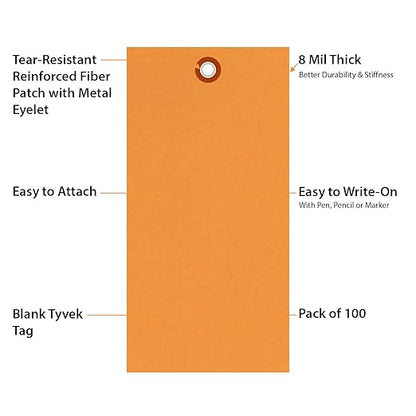 SmartSign (Pack of 100) 6.25 x 3.125 inch “Orange” Blank Tyvek Shipping Tags with Metal Eyelets, Size #8, 8 mil Thick Tyvek, Made in USA