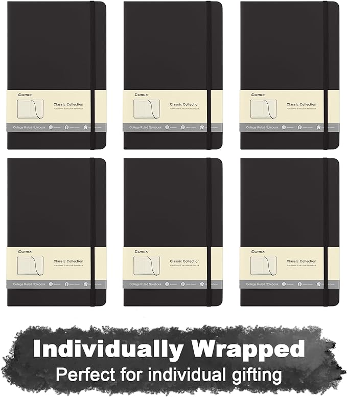 Comix 6 Pack Lined Journal Notebooks for Work, 240 Pages, 5.5"x8.3", Black, Hardcover, A5 Medium College Ruled, Journaling Notebooks for Notes-taking, Fits for Office School Home