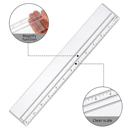 Chinco 4 Pieces Magnifying Ruler Clear Data Processing Magnification Plastic Transparent Accounting Drafting Tools Kits Construction for Reading Drawing (12 Inch)