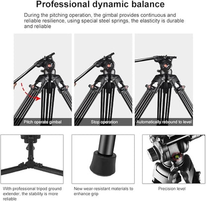 PULUZ 67"/170cm Video Tripod, Heavy Duty Aluminum Alloy Camera Tripod Stand with 360° Fluid Drag Head, QR Plate Compatible with Canon Nikon Sony and Other DSLR Camera Camcorder, Load Up to 22lb/10kg