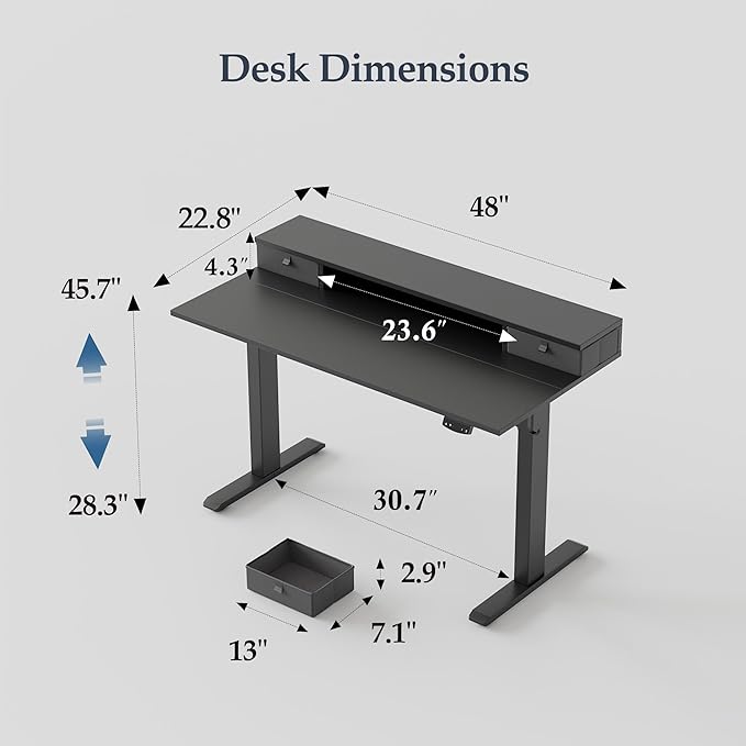 Klicelor 48 Inch Electric Standing Desk with Drawers, Adjustable Height Small Sit Stand Desk for Home Office, Compact Computer Workstation with Storage– Black