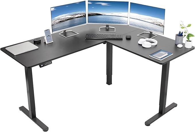 VIVO Electric Corner 63 x 55 inch L-Shaped Standing Desk, Memory Height Adjustment, Black Top Black Frame, DESK-E3CTB