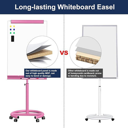 TSJ OFFICE Rolling Whiteboard Standing - 40 x 26 Inches Magnetic Mobile White Board with Stand, Height Adjustable Dry Erase Board on Wheels with Paper Clamp on Top, Violet