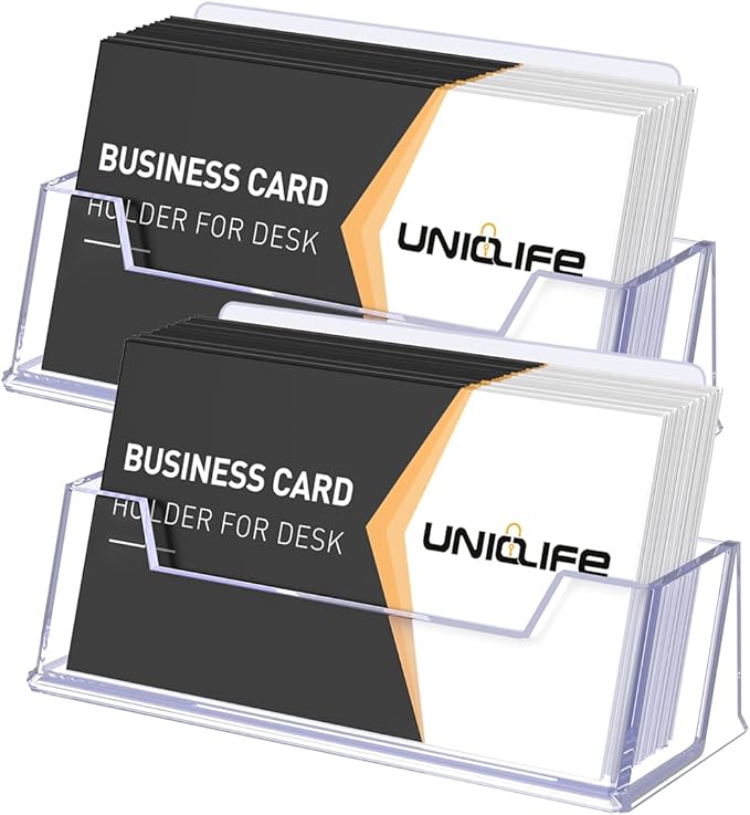 Uniclife 2 Pack Acrylic Business Card Holder for Desk 1 Slot Clear Business Card Display Stand for Men & Women Desktop Business Card Organizer Card Stand for Office Home Exhibition, 60 Card Capacity