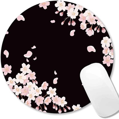 IMAYONDIA Cute Pink Flowers Mouse Pad, Floral Mouse Pads, Sakura Cherry Blossom on Black Round Mousepad, Aesthetic Desk Decor, Anti Slip Rubber Base Mice pad for Computer Office Girl, 7.9 x 7.9 Inch