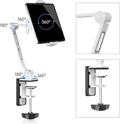 suptek Aluminum Tablet Desk Mount Stand 360° Flexible Cell Phone Holder for iPad, iPhone, Samsung, Asus and More 4.7-11 inch Devices, Good for Bed, Kitchen, Office (YF208BW)