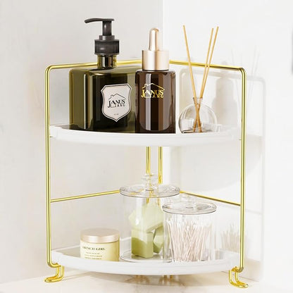 JANUS LiANG 2-Tier Corner Bathroom Countertop Organizer, Tiny Counter Corner Shelf Skincare Makeup Perfume Organizer and Organization for Kitchen (Luxury Gold)