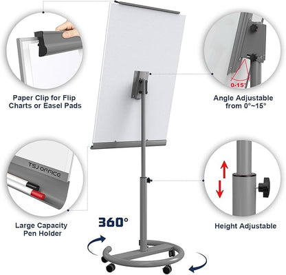 TSJ OFFICE Rolling Whiteboard Standing - 40 x 26 Inches Magnetic Mobile White Board with Stand, Height Adjustable Dry Erase Board on Wheels with Paper Clamp on Top, Gray