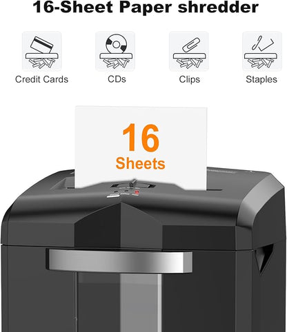 Bonsaii 16-Sheet Micro-Cut Paper Shredder 60-Minute Heavy Duty Office Use with 6-Gallon Bin P-4 Security for CD Credit Card and Staples