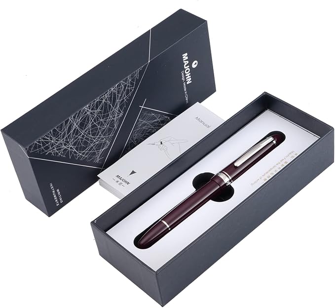 erofa Majohn P136 Piston Fountain Pen Medium Nib with Box, Red Resin Writing Pen Set