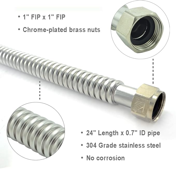 TT FLEX Stainless Steel Corrugated Water Heater Connector Flexible for Water Heater Water Softener,1" FIP x 1" FIP, 0.7" ID x 24" Length (2 Pack)