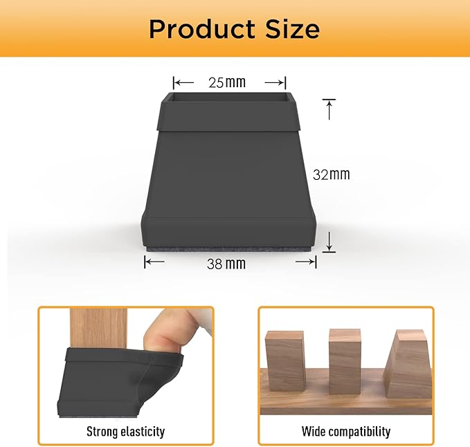 16 PCS Square Chair Leg Floor Protector, Silicone Chair Leg Cover, Furniture Leg Protectors with Felt, Mobile Table Leg pad, Protect The Floor from Scratches.1 1/2 in Black.