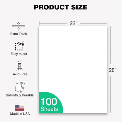 WritePads White Poster Boards 22"x28", 100 Pack, 130LB/290gsm Heavyweight Poster Board, 14PT Thick White Presentation Boards for School Projects, Crafts, Office, Made in USA