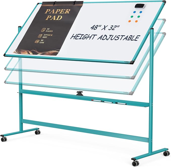 Mobile Whiteboard on Wheels, 48x32 Inches Rolling Whiteboard, Magnetic Dry Erase Board with Stand, Standing White Board for Office, School, Home, Large Double Sided White Board with Paper Pad