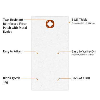 SmartSign (Pack of 1000) 4.25 x 2.125 inch “White” Blank Tyvek Shipping Tags with Metal Eyelets, Size #4, 8 mil Thick Tyvek, Made in USA