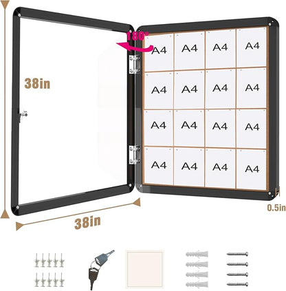 Mifuro 38"x38" Enclosed Bulletin Board, Lockable Weather-Resistant Aluminum Cork Noticeboard for School & Office, Black Frame w/Cork