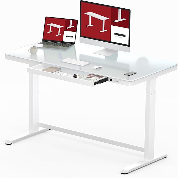 SANODESK Standing Desk with Drawer, Electric Height Adjustable Home Office Desk with Storage & USB Ports, 48 inch Tempered Glass Tabletop/White Frame