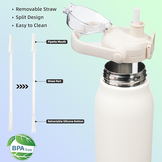 BJPKPK Insulated Water Bottles with Straw, 35 oz Stainless Steel Metal Water Bottle with One-handed Opening Lid, BPA Free Sport Jugs, Flasks for Men & Women, White