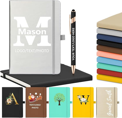 ENOMY Personalized Notebook & 10 PC Pens Gift Set Custom Notebook Journal A5 200 Pages A5 Lined Journal for Men Women Hardcover Notebooks for Work College Graduation Gifts, Silver