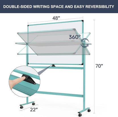 Rolling Whiteboard, 48x32 Inches Dry Erase Board with Stand, Magnetic Mobile Whiteboard on Wheels, Standing White Board for Office, School, Home, Large Double Sided White Board with Paper Pad