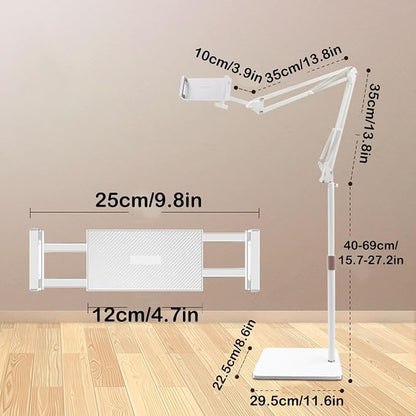 Hosann Century Tablet Floor Stand,360 Degree Adjustable Height Stretchable Arm Swivel Dual Holder,Compatible with 4.7-12.9inch Smart Phone/Tablet Kindle ipad Stand Floor (White)
