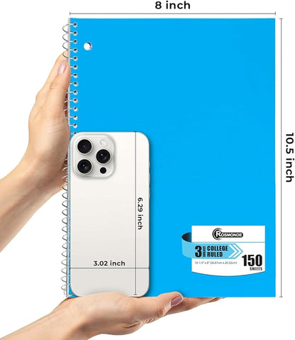 Rosmonde 3 Subject Notebook College Ruled, 12 Pack, 150 Sheets(300 Pages), No-Bleed Paper, 3 Hole Punched, 8x10-1/2, 3 Subject Spiral Notebook for School, Home & Office, Assorted Colors
