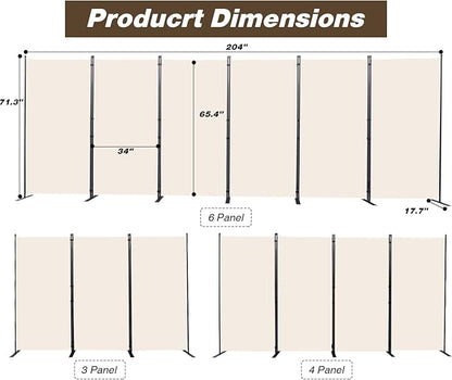 CHOSENM Room Divider, 6 Panel Folding Privacy Screens with Wider Support Feet, 6 Ft Portable Room Partition for Room Separator, 204" W X 71" H, Beige