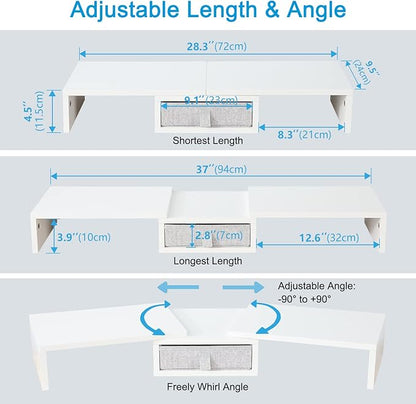 TEAMIX White Dual Monitor Stand Riser with Drawer - Length and Angle Adjustable Double Corner Desk Shelf Organizer 37 inch Long for 2 Laptop/PC/Screen/TV