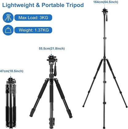 PULUZ 64"/164cm Video Tripod, Metal Camera Tripod with 360°Fluid Drag Head, Quick Release Plate Compatible with Canon Nikon Sony and Other DSLR Camera Camcorder for Photography/Videography