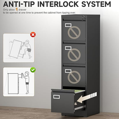 4 Drawer File Cabinet with Lock, High-Capacity Vertical Metal Filing Cabinet for Home Office, Heavy Duty Locking Steel Storage for A4/Letter/Legal Size, Black, 17.7" D x 14.6" W x 52.6" H
