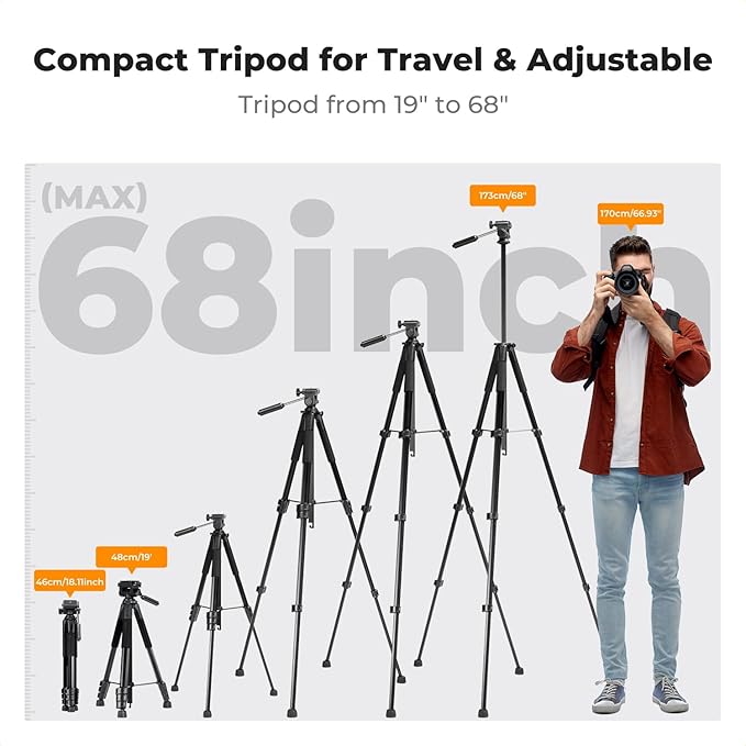 K&F Concept Camera Tripod, 68" Lightweight Portable Travel Outdoor DSLR Tripods for Camera Phone Video Recording Tripod Stand, Cellphone Clip for Smartphone Live Streaming Vlog S254A3+BV01