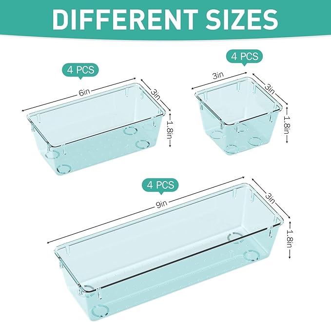 WOWBOX 12 Pack Clear Drawer Organizer Set, Acrylic Drawer Storage Trays, Storage Bins for Makeup, Cosmetics, Jewelries, Utensils, Gadgets, Office, Sea Blue