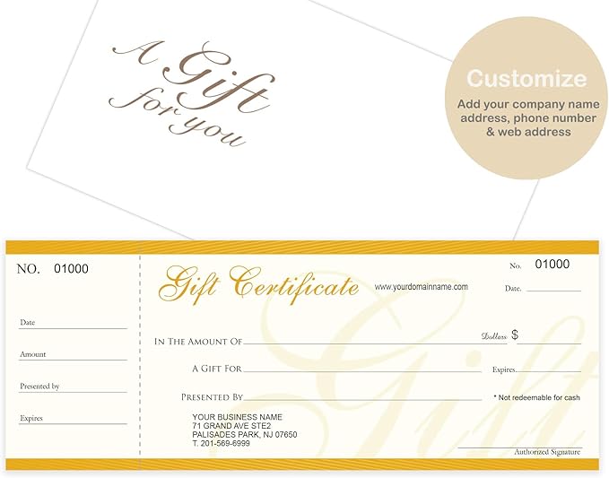Custom Gift Certificates Cards with Envelopes 50 set - NJ67SB- Gift Coupons,Vouchers for Small Business