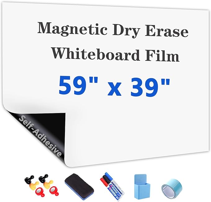 Magnetic Dry Erase Whiteboard Paper with Adhesive, 59" x 39" White Board Film for Wall, Easy to Write and Clean Dry Erase Board for Office, Classroom, Home, Include Marker, Magnetic Eraser and Magnets