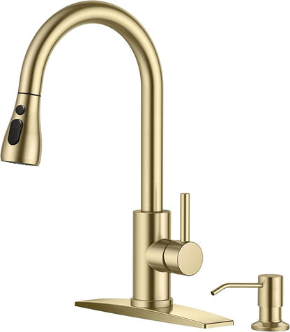 FORIOUS Gold Kitchen Faucet with Soap Dispenser, Single Handle Stainless Steel Transitional Sink Faucet with Pull Down Sprayer 1 or 3 Hole, Suitable for Farmhouse Laundry Camper RV Bar
