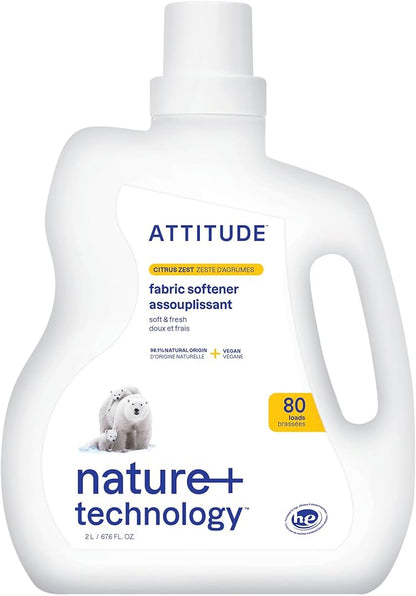 ATTITUDE Liquid Fabric Softener, Plant-Based & Vegan, HE Compatible, Naturally Derived, Citrus Zest Scent, 80 Loads, 67.6 Fl Oz