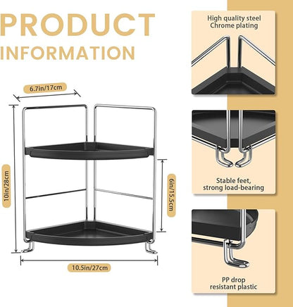JANUS LiANG 2-Tier Bathroom Organizer Countertop Corner - Makeup Organizer Cosmetic Perfume Holder Bedroom Storage Shelf or Kitchen Spice Rack (Chrome + Black)