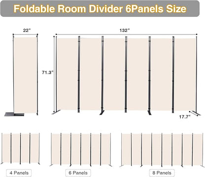 CHOSENM Room Divider, 6 Panel Folding Privacy Screens with Wider Support Feet, 6 Ft Portable Room Partition for Room Separator, 132" W X 71" H, Beige