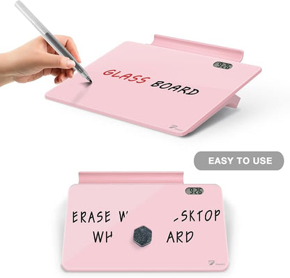 Small Glass Desk Whiteboard Dry-Erase Board with Clock, Small Travel Reminder Clock Keychain with Desk Notepad, Time Table Whiteboard for Desk Digital LED Light Display, 8x6 in with Accessories, Pink